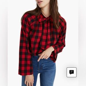 MADEWELL Buffalo Plaid Check Tie Neck Shirt - Red Black Size Medium